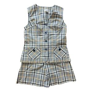 1960s/70s Vintage Bobbie Brooks Plaid Vest & Skort Set - Blue/Yellow - Small